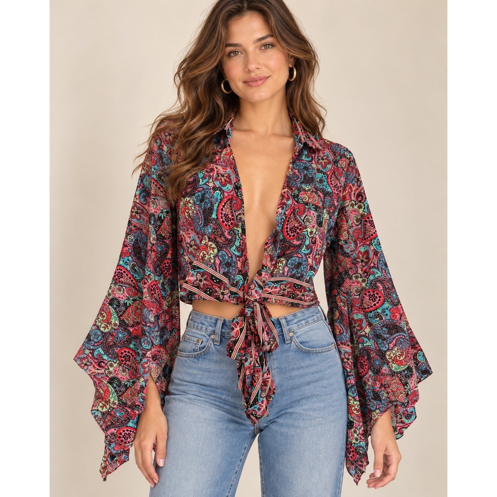 Silk Blend Paisley Cropped Tie Front Top Bell Handkerchief Sleeve Boho One Size